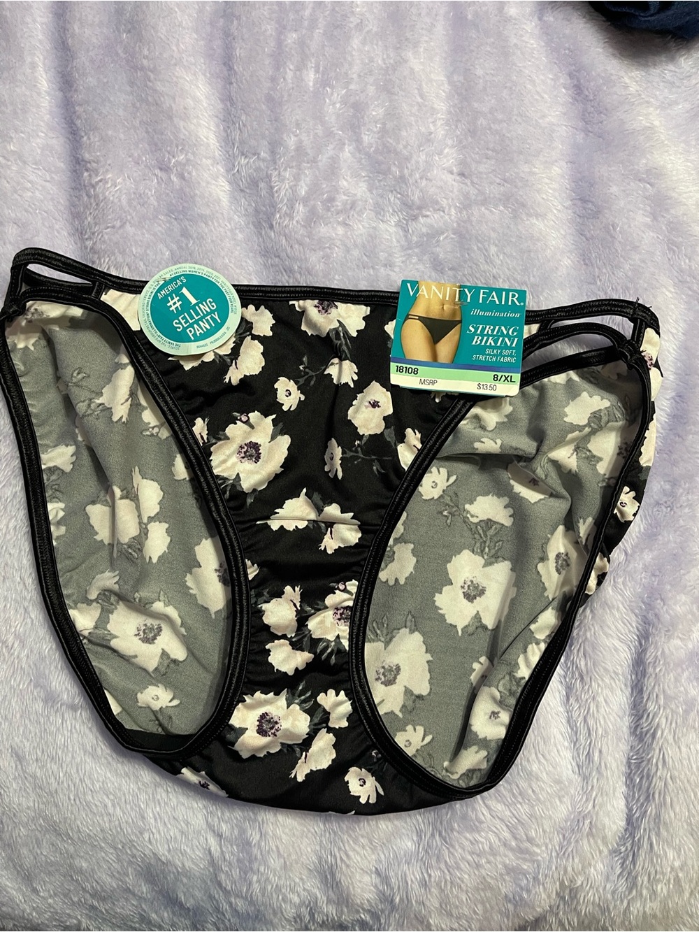 Vanity Fair Black Floral String Bikini Bottoms with pink flowers. Size 8. XL.New